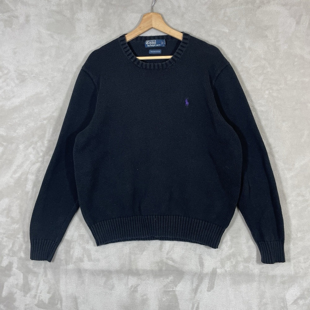 VTG Polo Ralph Lauren Sweater Mens XL Black Cotton Crewneck Knit Pullover Pony